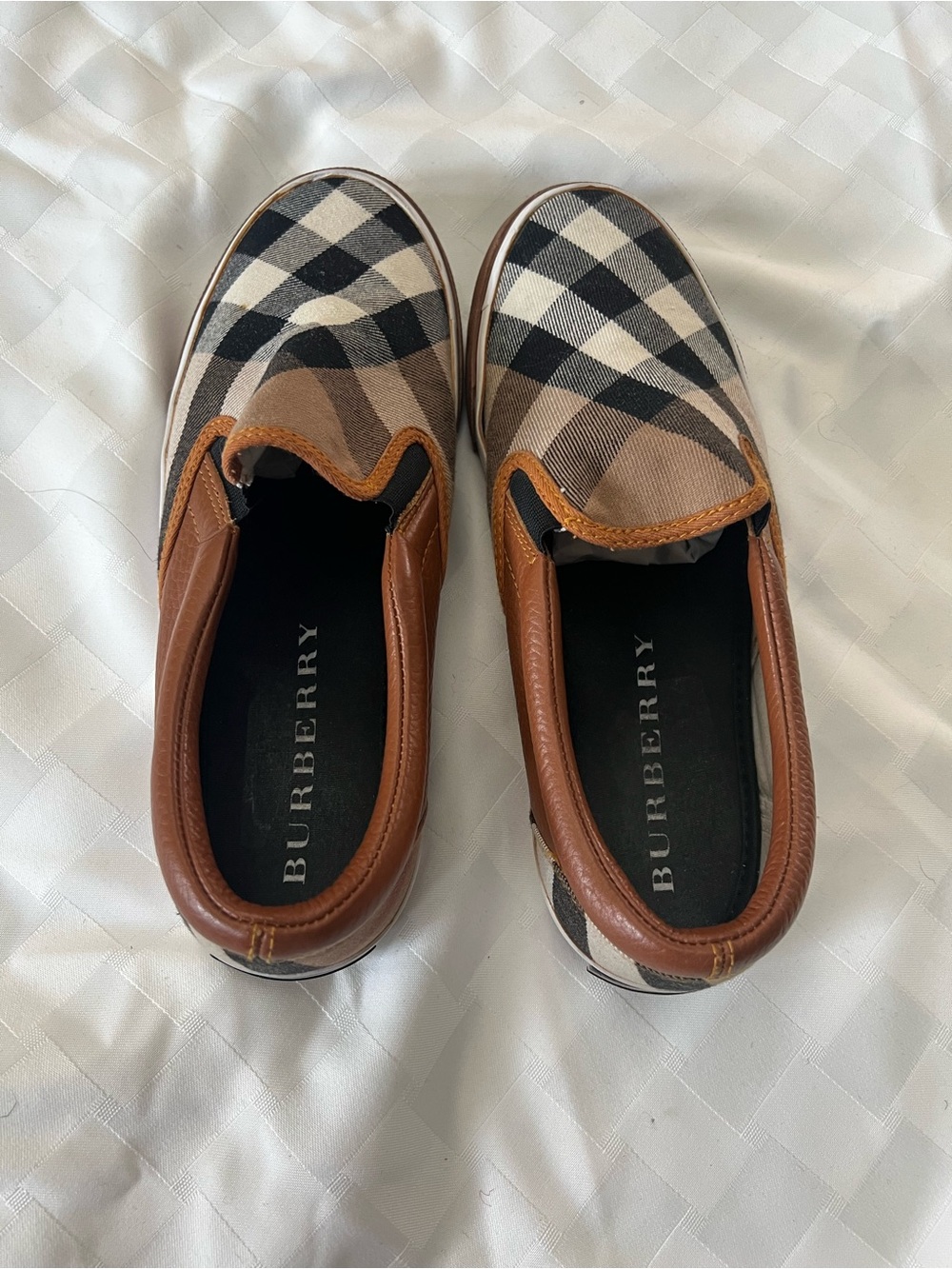 Burberry Tan, Black & Cream Plaid Slip-On Loafers